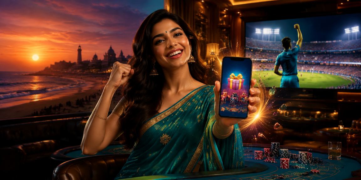 Woman playing Rummy on mobile device in Chennai wearing traditional saree