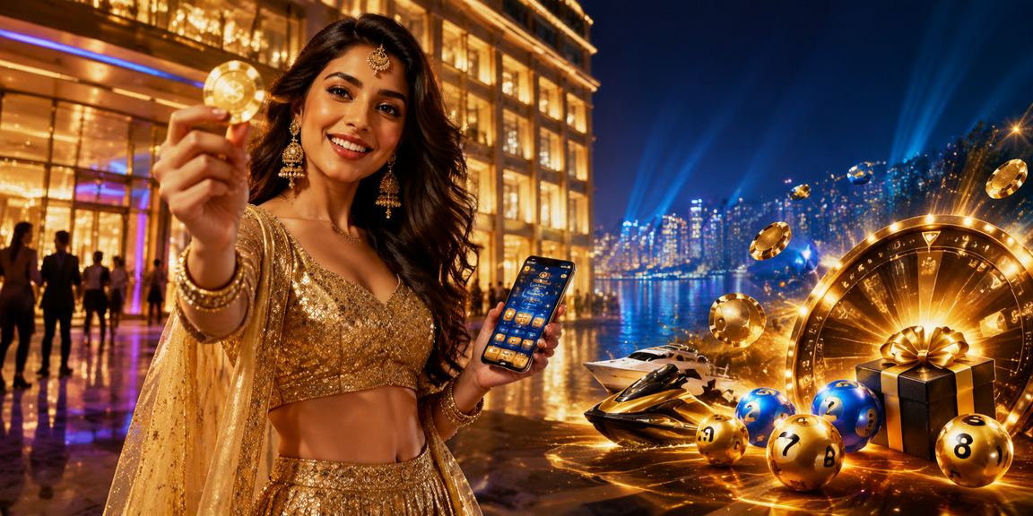 Indian woman celebrating lottery win in vibrant lehenga with symbolic currency