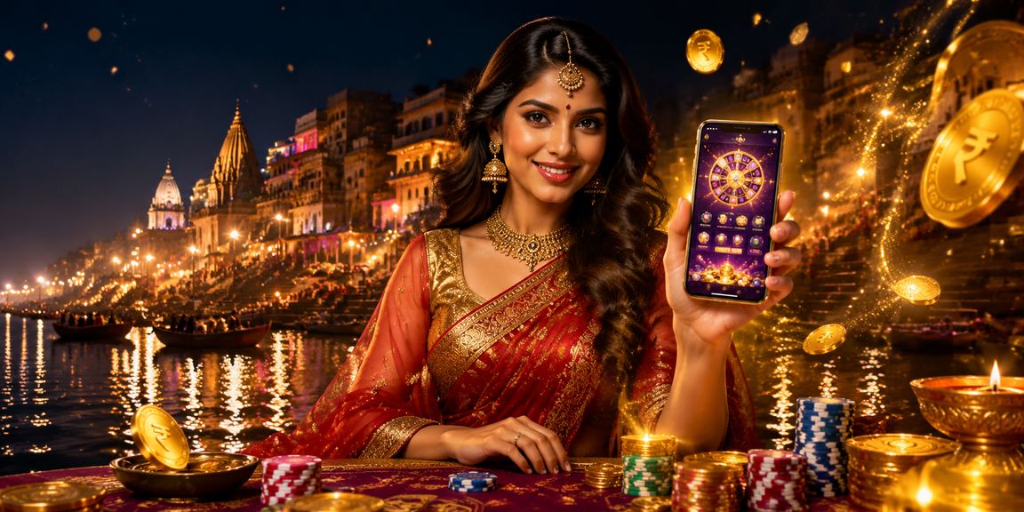 Lady gambling on mobile at Varanasi Ghat in traditional saree